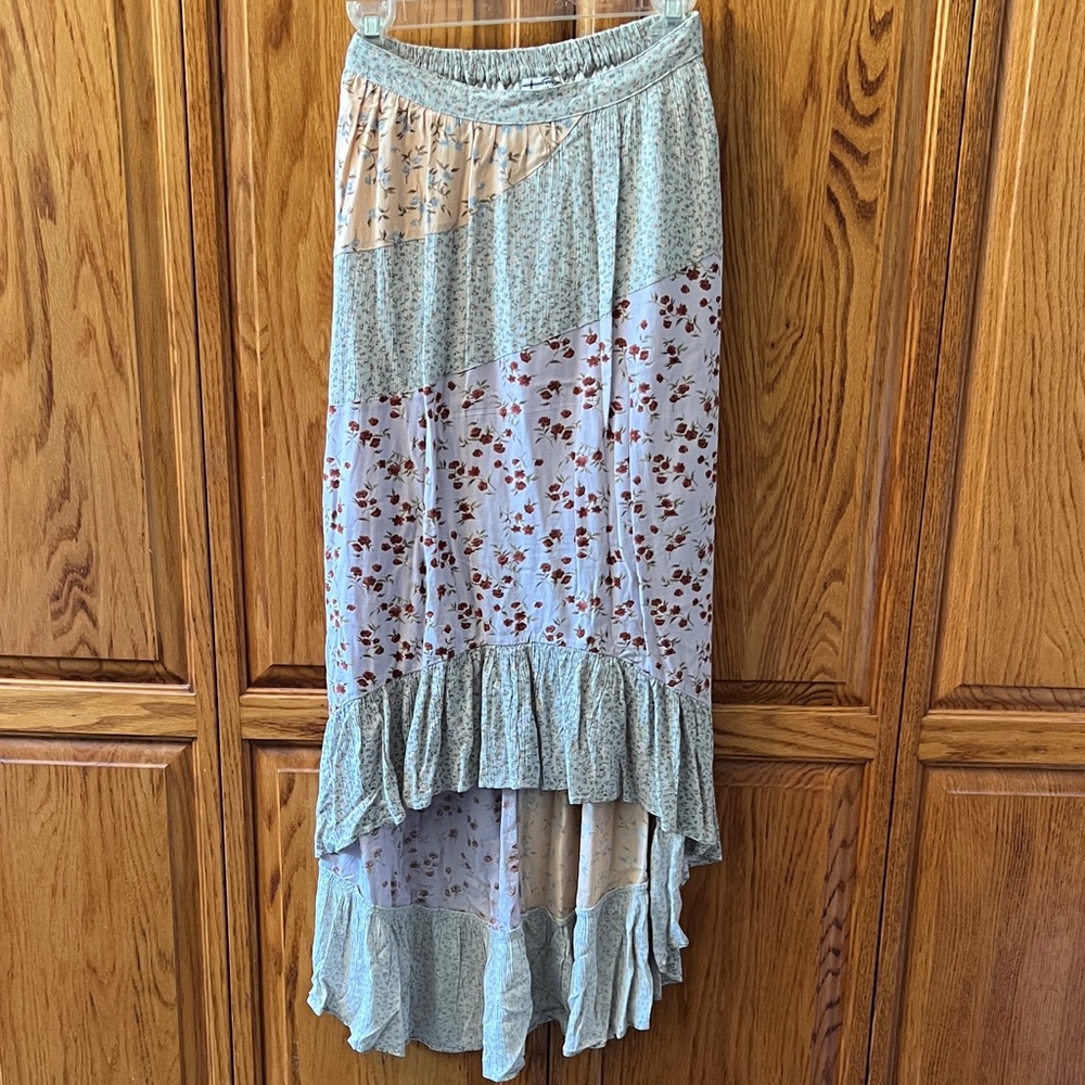 Boho Patchwork Floral High-Low Skirt - Light Blue/green floral